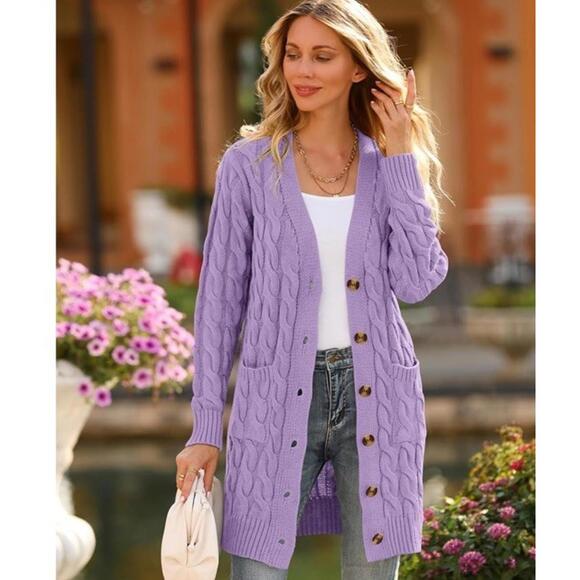 Women Autumn V Neck Elegant Knitted Sweater Button Cardigan. Purple. Pockets L - Picture 5 of 10